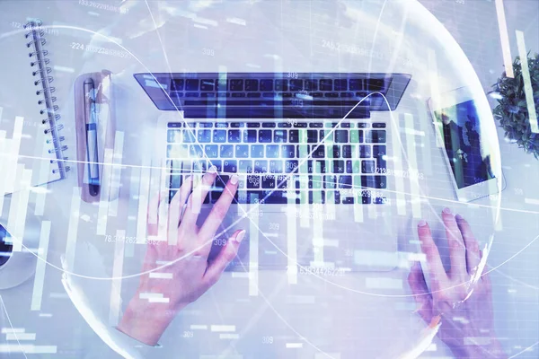 Double exposure of woman hands working on computer and financial theme hologram drawing. Top View. Business concept. — Stock Photo, Image