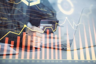 İnternetten alışveriş yapan kadının elinde kredi kartı ve mali grafik çizimi var. Borsa E-ticaret kavramı.