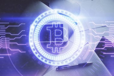 Telefonlu masanın üzerinde iki kat daha fazla engelleme temalı hologram görüntüsü var. Üst Manzara. Kripto teknolojisi kavramı.