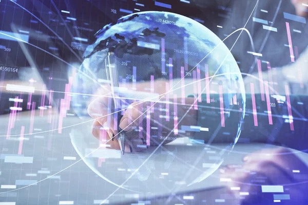 Double exposure of forex chart drawing over people taking notes background. Concept of financial analysis — Stock Photo, Image