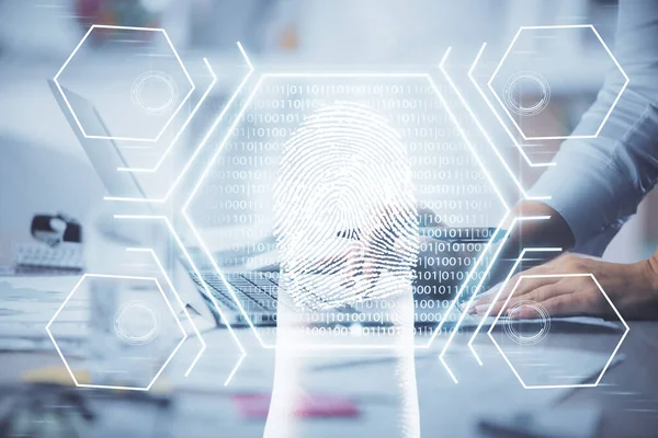 Double exposure of woman hands typing on computer and fingerprint drawing. Security concept. — Stock Photo, Image