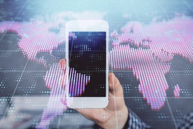 Erkeklerin el ele tutuşup telefon kullanırken ve uluslararası iş teması çizerken çift pozlama.