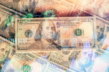 Forx grafiğinin çok sayıda görüntüsü bize dolar banknotları arka planında görünüyor. Finansal başarı piyasası kavramı.