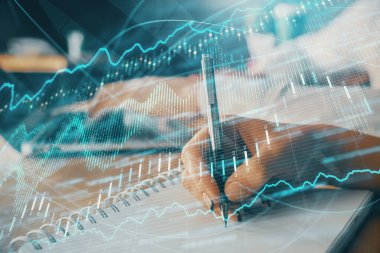 Ön x çizelgesinin arka plan notları alan insanların üzerini çizerken çift pozlama. Mali analiz kavramı