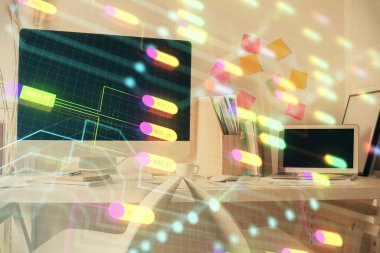 Veri teması çizimi ve ofis içi arka planına çifte maruz kalma. Teknoloji kavramı.