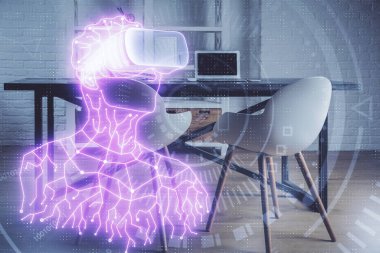 Sanal gerçeklik gözlüklü, çizim yapan ve ofisin arka planında olan bir adamın çifte görüntüsü. AR kavramı.