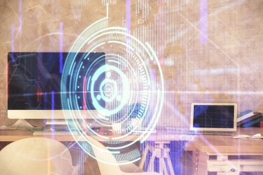 Veri teması çizimi ve ofis içi arka planına çoklu maruz kalma. Teknoloji kavramı.