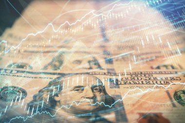 Önx grafiğinin arka plandaki dolarları iki katına çıkarması. Finans piyasası kavramı.