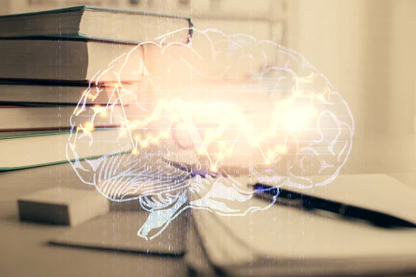 Doble exposición del dibujo del cerebro y el escritorio con café y artículos sobre fondo de mesa. Concepto de investigación. — Foto de Stock