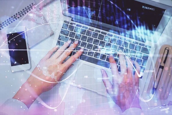 Double exposure of woman hands working on computer and financial theme hologram drawing. Top View. Business concept. — Stock Photo, Image