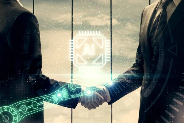 Doppelbelichtung des Datenthemas Hologramm und Handschlag zweier Männer. Partnerschaft im IT-Branchenkonzept. — Stockfoto