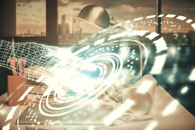 Veri teması çizimi ve ofis içi arka planına çifte maruz kalma. Teknoloji kavramı.