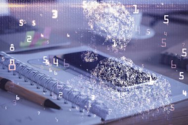 Cep telefonunun arka planında iki kat teknik temalı skeç var. Teknoloji kavramı