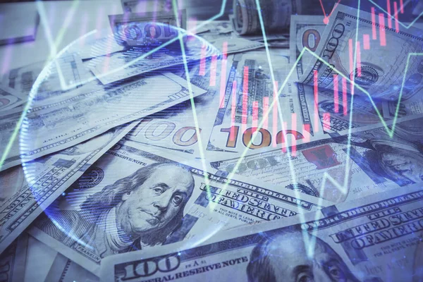 Multi exposure of forex chart drawing over us dollars bill background. Concept of financial success markets. — Stock Photo, Image