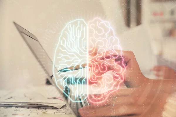 Multi exposición de las manos de las mujeres que trabajan en la computadora y el dibujo del holograma cerebral. Concepto Ai. —  Fotos de Stock