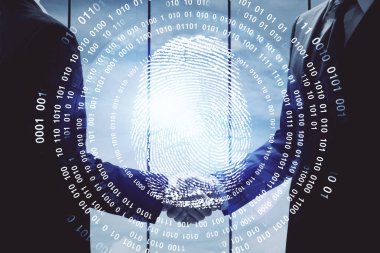 Çift parmak izi hologramı ve iki adamın el sıkışması. Güvenlik kavramı.