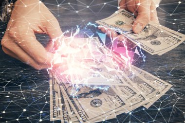 Beynin holograma maruz kalması, bize dolar banknotları ve insan eli çizmesi. Ai yatırım konsepti