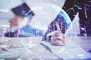 Ön x çizelgesinin arka plan notları alan insanların üzerini çizerken çift pozlama. Mali analiz kavramı