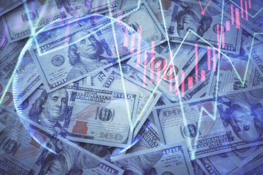 Forx grafiğinin çok sayıda görüntüsü bize dolar banknotları arka planında görünüyor. Finansal başarı piyasası kavramı.