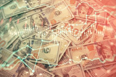 Forx grafiğinin çok sayıda görüntüsü bize dolar banknotları arka planında görünüyor. Finansal başarı piyasası kavramı.