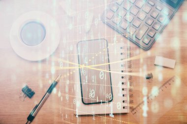 Çalışma masası üzerinde çoklu teknoloji temalı çizim. Üst Manzara. Küresel veri analiz kavramı.