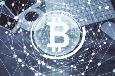 Telefonlu masanın üzerinde iki kat daha fazla engelleme temalı hologram görüntüsü var. Üst Manzara. Kripto teknolojisi kavramı.
