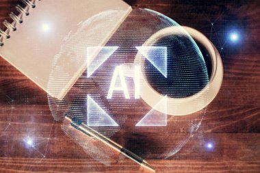 Çalışma masasının üzerine teknoloji teması çizimi çifte pozlama. Üst Manzara. Küresel veri analiz kavramı.