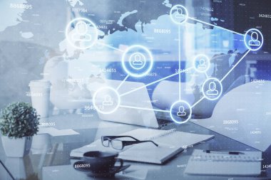 Sosyal ağ temalı çizim ve ofis içi arka planına çift pozlama. Ağ kavramı.