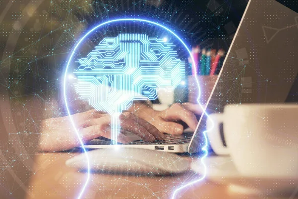 Dupla Exposição Das Mãos Mulher Trabalhando Computador Desenho Holograma Cérebro — Fotografia de Stock