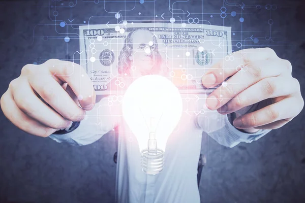 Multi Exponering Glödlampa Rita Hologram Och Usa Dollar Räkningar Och — Stockfoto