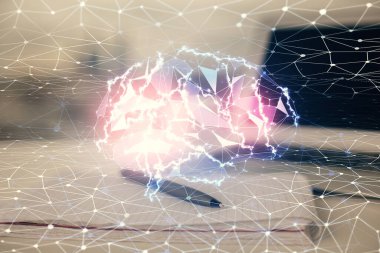 Beyin çizimlerine ve açık defter geçmişi olan masalara çoklu maruz kalma. Yapay zeka kavramı