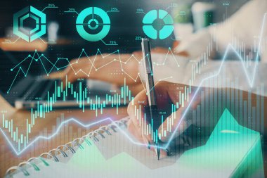 Ön x çizelgesinin arka plan notları alan insanların üzerini çizerken çift pozlama. Mali analiz kavramı