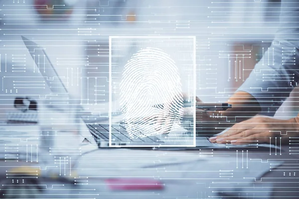 Dubbele Blootstelling Van Vrouw Handen Typen Computer Vingerafdruk Tekening Veiligheidsconcept — Stockfoto