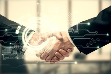 İki kişinin veri temalı hologramı ve el sıkışması. Bilişim endüstrisi konseptinde ortaklık.