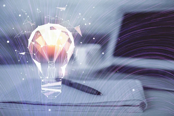 Подвійна Експозиція Лампочки Столу Відкритим Фоном Ноутбука Концепція Ідеї — стокове фото