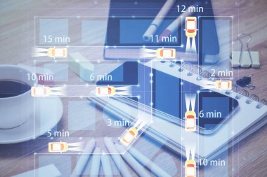 Cep telefonunun arka planında otomobil temalı çizimin iki kez görüntülenmesi. Teknoloji kavramı