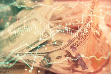 Önx grafiğinin arka plandaki dolarları iki katına çıkarması. Finans piyasası kavramı.
