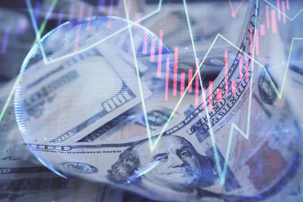 Dubbele Belichting Van Forex Grafiek Tekening Ons Dollar Biljet Achtergrond — Stockfoto