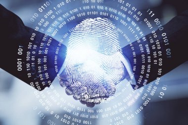 Çift parmak izi hologramı ve iki adamın el sıkışması. Güvenlik kavramı.