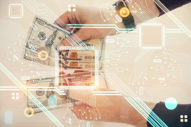 Teknolojiye çoklu maruz kalma hologram, dolar banknotları ve insan eli. Veri kavramı