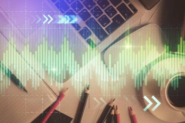 Bilgisayarla arka plan üzerine iki kat mali şema çizimi. Araştırma ve analiz kavramı. Üst görünüm.