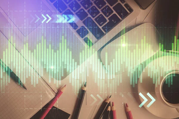 Bilgisayarla arka plan üzerine iki kat mali şema çizimi. Araştırma ve analiz kavramı. Üst görünüm.