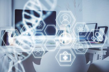 DNA çizimi ve ofisin arka planında çifte pozlama. Bilim kavramı.