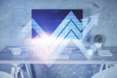 Büyüyen oklar ve ofisin arka planında çift pozlama. Büyüme Konsepti.