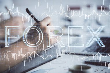 Ön x grafiğinin arka plan notları alan insanların üzerini çizerken çift pozlama. Mali analiz kavramı