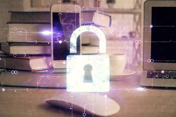 Double exposure of lock drawing and cell phone background. Concept of information security