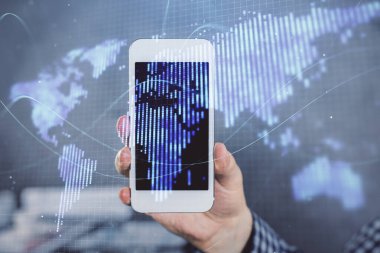 Adamın elini tutarken ve telefon kullanırken ve uluslararası iş teması çizerken çift pozlama.