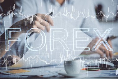 Ön x grafiğinin arka plan notları alan insanların üzerini çizerken çift pozlama. Mali analiz kavramı