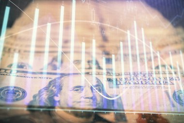 Önx grafiğinin arka plandaki dolarları iki katına çıkarması. Finans piyasası kavramı.