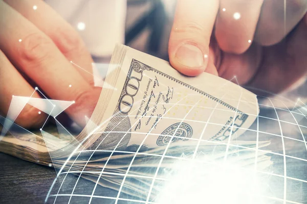 Dubbele Belichting Van Wereldkaart Tekening Hologram Ons Dollars Biljetten Man — Stockfoto